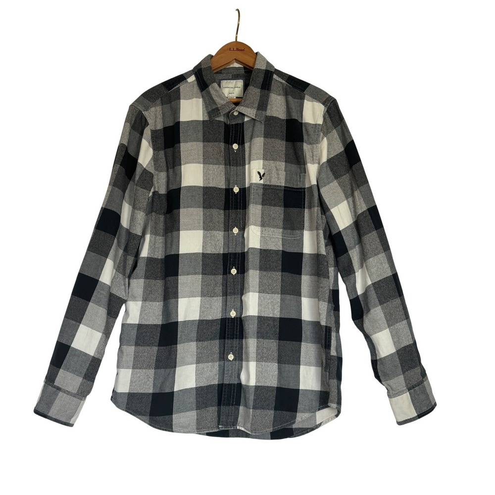 American Eagle Mens Slim Fit Flannel Shirt Large Navy Buffalo Plaid Gorpcore
